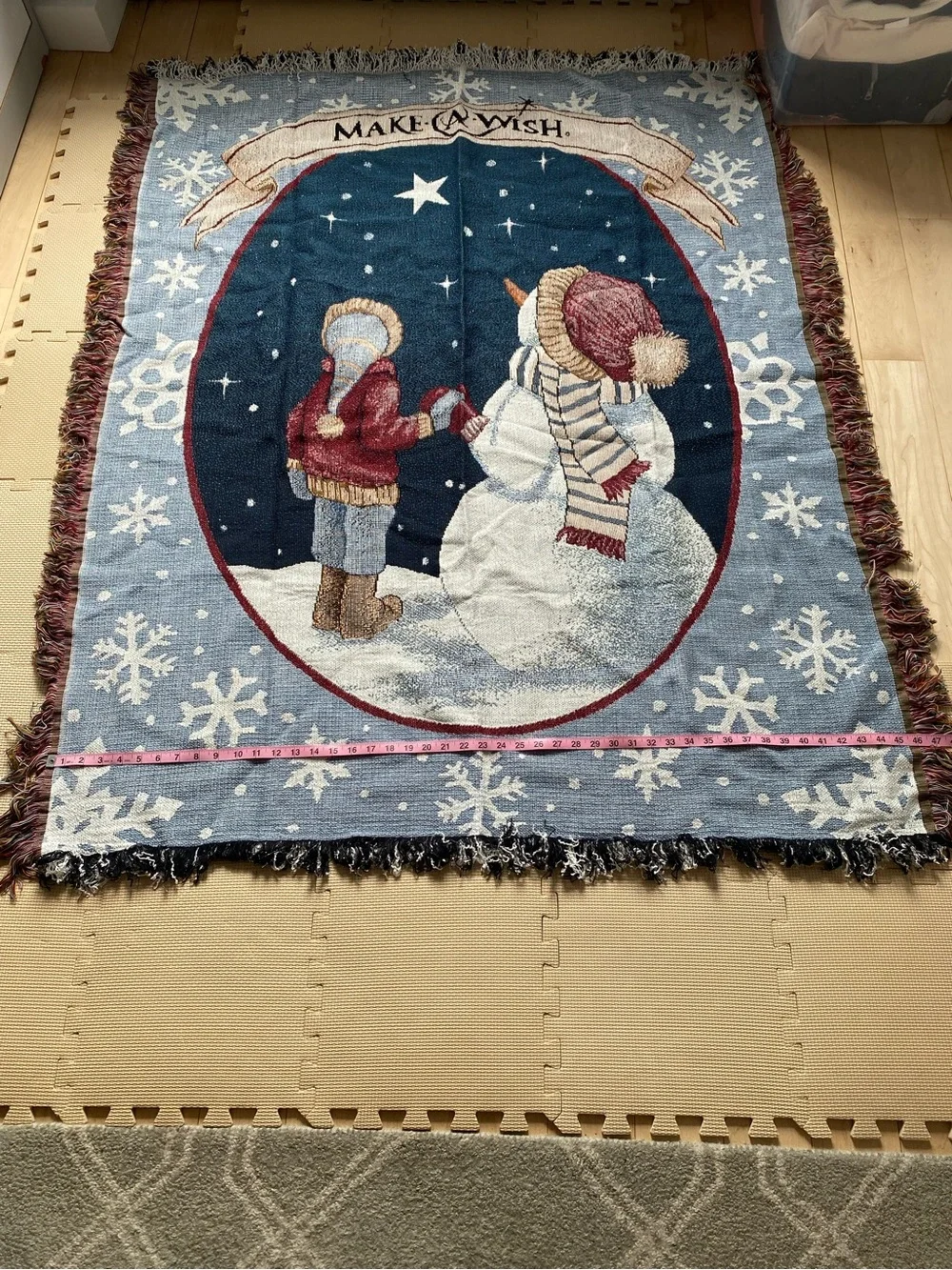 Vintage Throw Blanket - Blue Snowman & Child Design